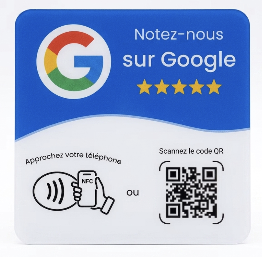 Plaque d'avis Google avec puce NFC et QR code